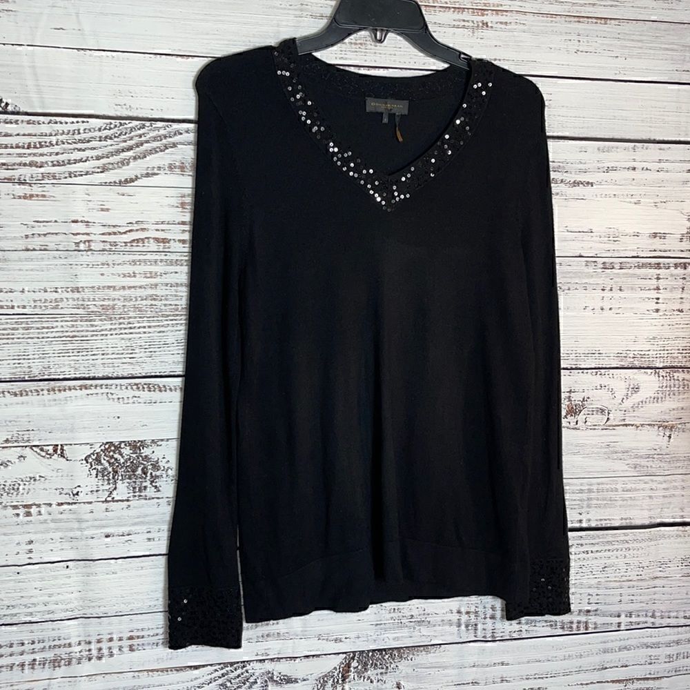 Donna karan sweater Womens size Small V neck sequin Black knit light pullover‎